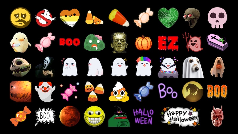 May include: A collection of Halloween themed digital stickers featuring various characters, objects, and text.  The stickers include a ghost, a pumpkin, a skull, candy corn, a witch, a vampire, and more.