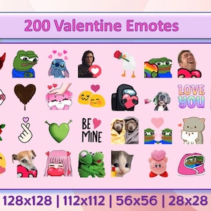 May include: A collection of 200 Valentine's Day themed emoticons. The emoticons are arranged in a grid on a pink background. The emoticons include hearts, flowers, animals, and other Valentine's Day symbols. The text "200 Valentine Emotes" is at the top of the image. The text "128x128 | 112x112 | 56x56 | 28x28" is at the bottom of the image.