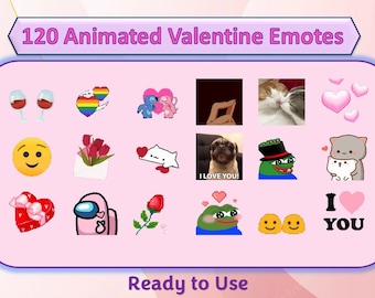 May include: A collection of 120 animated Valentine's Day emotes featuring various characters, including a cat, a pug, a frog, and an alien. The emotes are displayed on a pink background with the text "120 Animated Valentine Emotes" and "Ready to Use".