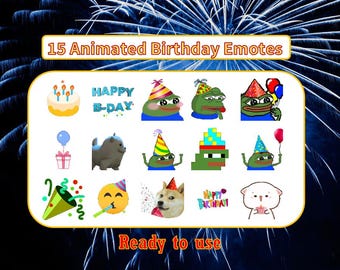 15 Animated birthday emotes pack | Twitch Emotes | Discord Emotes | Bday emotes for streamers and gamers | Emote pack | peepo | pepe | party