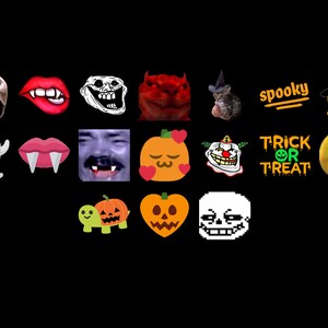 May include: A collection of Halloween themed digital stickers featuring various characters and designs, including a ghost, a skull, a vampire, a pumpkin, a clown, a cat, and a frog. The stickers also include text such as "spooky", "trick or treat", and "bad witch gang".