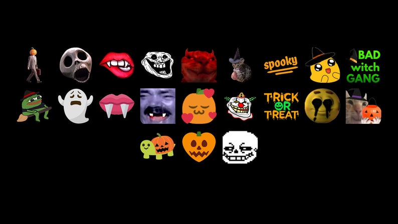 May include: A collection of Halloween themed digital stickers featuring various characters and designs, including a ghost, a skull, a vampire, a pumpkin, a clown, a cat, and a frog. The stickers also include text such as "spooky", "trick or treat", and "bad witch gang".