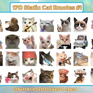 May include: A grid of 170 static cat emoticons in various poses and expressions. The emoticons are arranged in a 5x7 grid. The emoticons are all in color and are set against a white background. The text "170 Static Cat Emotes #1" is at the top of the grid. The text "128x128 | 112x112 | 56x56 | 28x28" is at the bottom of the grid.