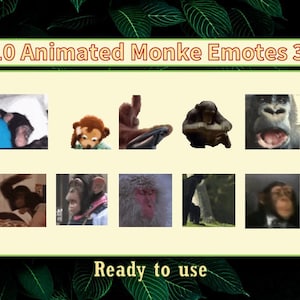 Puede incluir: Gráfico digital con diez emoticonos de monos animados. Los emoticonos se muestran en un rectángulo redondeado de color beige claro, con el texto "10 Animated Monke Emotes 3" arriba y "Ready to use" abajo. El fondo es verde oscuro.