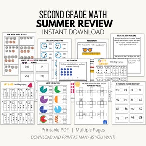 Puede incluir: Una hoja de trabajo PDF imprimible para la revisión de matemáticas de segundo grado de verano. La hoja de trabajo incluye una variedad de problemas de matemáticas, que incluyen suma, resta, multiplicación, hora, dinero, medición y problemas de palabras. La hoja de trabajo está diseñada para ayudar a los estudiantes a practicar sus habilidades matemáticas durante el receso de verano.