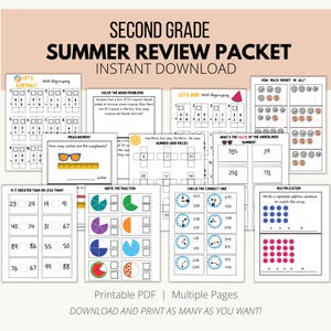 May include: A second grade summer review packet featuring multiple printable pages with math exercises including subtraction, addition, word problems, coin counting, measurement, fractions, time telling, and multiplication arrays in black and white.