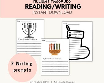 May include: Three printable holiday writing prompt worksheets featuring a menorah, a kinara with candles, and a Christmas stocking. Each page includes a name line and lined space for writing about traditions. Text includes Holiday Passages Reading/Writing.