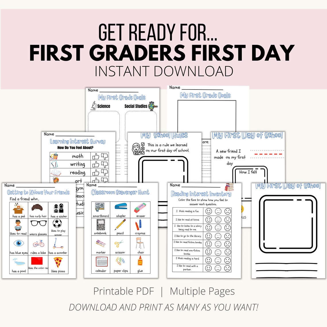 1st Grade First Day of School Printables, First Day of School ...