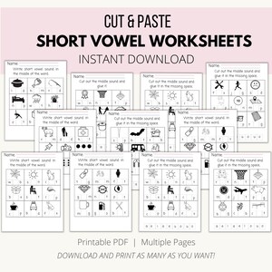 May include: A collection of printable educational worksheets titled CUT & PASTE SHORT VOWEL WORKSHEETS. Each page features black and white grids with illustrations of objects, letters, and blank spaces for students to cut and paste missing vowels.