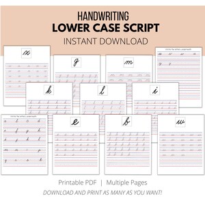 Puede incluir: Una colección de hojas de práctica de caligrafía imprimibles con letras minúsculas en cursiva. Cada página incluye un ejemplo de letra grande y filas de líneas punteadas para trazar. Texto: HANDWRITING LOWER CASE SCRIPT e INSTANT DOWNLOAD.