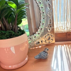 May include: A small ceramic bird figurine with blue and white glaze, positioned next to a light pink planter containing a green ZZ plant. Behind the items is a silver-toned rectangular mirror with an ornate, embossed floral border design.