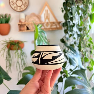 Vintage Acoma Pueblo Pottery Seed Pot Signed CL Black and White Native American Ceramic Vase Southwestern Boho Geometric Folk Art Decor