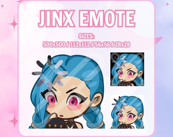May include: Jinx emote in a cartoon style with blue hair and pink eyes. The emote is available in four sizes: 500x500, 112x112, 56x56, and 28x28.