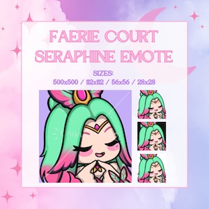 May include: A digital illustration of a cartoon character with green hair, pink and white butterfly wings, and a crown. The character is wearing a pink and white dress and has a pink and white flower in her hair. The image is titled "Faerie Court Seraphine Emote" and includes the text "Sizes: 500x500 / 112x112 / 56x56 / 28x28".