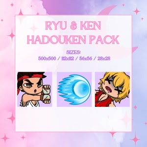 Puede incluir: Un conjunto de ilustraciones digitales con Ryu y Ken de Street Fighter. El conjunto incluye tres imágenes: Ryu, Ken y una explosión de energía azul Hadoken. El texto "RYU & KEN HADOUKEN PACK" está en la parte superior de la imagen. El texto "SIZES: 500x500 / 112x112 / 56x56 / 28x28" está debajo de las imágenes.