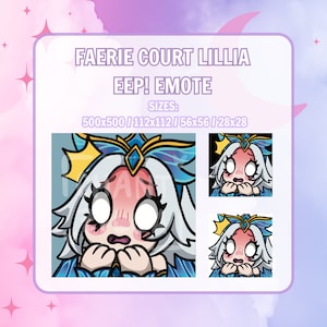 Può includere: Un'illustrazione digitale di un personaggio dei cartoni animati con capelli bianchi, occhi azzurri e una corona. Il personaggio indossa un vestito blu e bianco e ha un'espressione sorpresa. L'immagine è etichettata "Faerie Court Lillia EEP! EMOTE" e include il testo "SIZES: 500x500/112x112/56x56/28x28".
