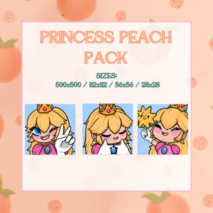 May include: Princess Peach character pack with three different poses. The character is wearing a pink dress, a crown, and white gloves. The background is a light blue color. The text "Princess Peach Pack" and "Sizes: 500x500 / 112x112 / 56x56 / 28x28" is displayed on the image.