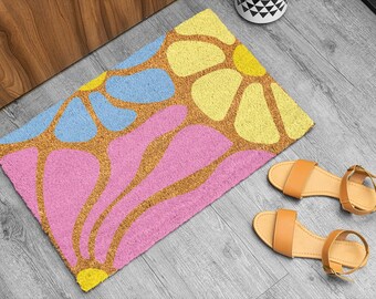 Floral Block Print Door Mat, Spring Flowers Welcome Mat, Floral Gift, Colorful Doormat, Housewarming Gift, Closer Gift, Retro Flower Doormat
