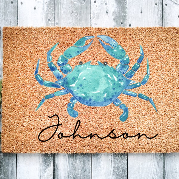 Family Doormat, Beach welcome mat, Cute Custom Coastal decor outdoor mat, Crab doormat for beach house, Custom beach doormat