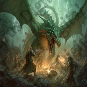 Battle Vs The Forest Dragon, Digital Art Print, Digital Download, AI Art, AI Generated, Wall Art, Printable