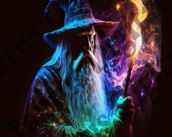 Magic Wizard Art Print, Kolorowy mistyczny czarodziej (pobranie cyfrowe)