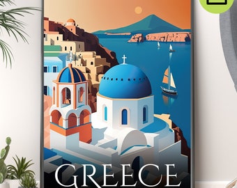 Grèce Affiche de voyage téléchargeable numérique - Art mural imprimable pour la décoration intérieure, Île de Santorin, Architecture grecque, Téléchargement instantané