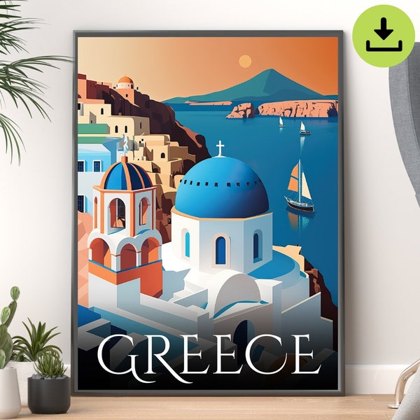 Greece Digital Downloadable Travel Poster - Printable Wall Art for Home Decor, Santorini Island, Greek Architecture, Instant Download