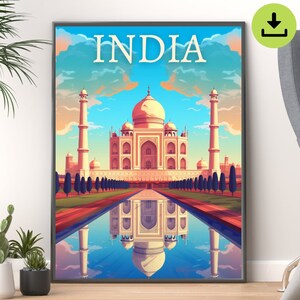 India Travel Poster with Taj Mahal and Elephant | Wall Art Print for Home Decor and Nature Lovers | Instant Download