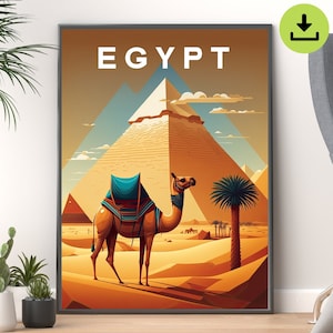 Egypt Digital Downloadable Poster, Iconic Egyptian Pyramids with a Majestic Camel in the Foreground