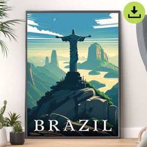Cartel de viaje de Brasil del Cristo Redentor con vistas a Río de Janeiro / Impresión de arte mural de alta calidad para decoración del hogar / Descarga instantánea