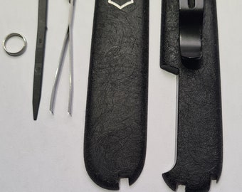 Écailles personnalisées de 91 mm à effet tourbillonnant Victorinox Plus avec clip et pince à épiler noire/Cure-dents noirs/anneau fendu