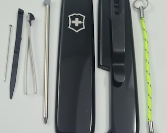 Custom modified genuine Victorinox sak 91mm  Plus Scales   with Clip attached  Pen...Pin..BlackTweezers..Black Toothpick.lanyard #see Pics