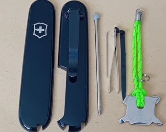 Custom modified Victorinox sak 91mm + Scales, #Clip is attached #see pics             pen ..pin.tweezers..toothpick Quattro tool and lanyard