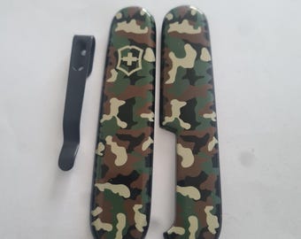 Custom  modified Victorinox Woodland Camo 91mm with clip + Tweezers  n Toothpick + reflective  dangler