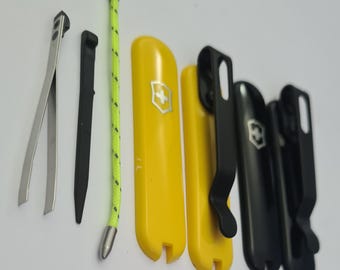 Custom modified  genuine Victorinox 58mm scales with clip + Black Toothpick.tweezers.split ring...various  colours.