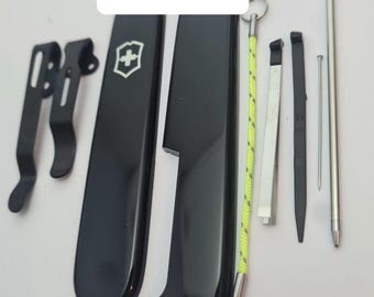 Custom modified genuine Victorinox sak 91mm  Plus Scales with Clip + Pen...Pin..BlackTweezers..Black Toothpick.lanyard ##The only seller