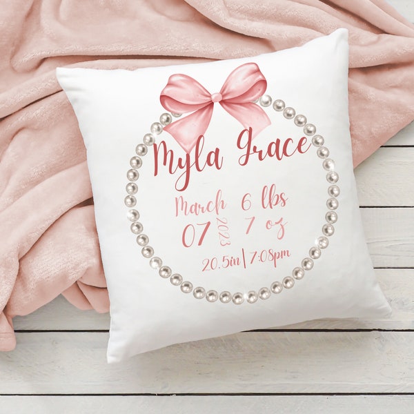 Baby Girl Birth Stat Pillow, Birth Announcement Pillow, New Baby Girl Gift, Baby Girl Nursery Decor, Baby Girl Personalized Gift, Coquette