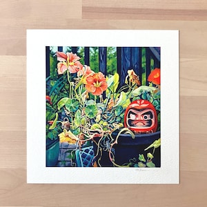 Daruma and Nasturtiums Painting Open Edition Print