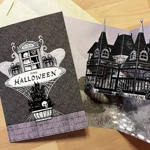 Casa encantada victoriana fantasmal - Tarjeta emergente de Halloween