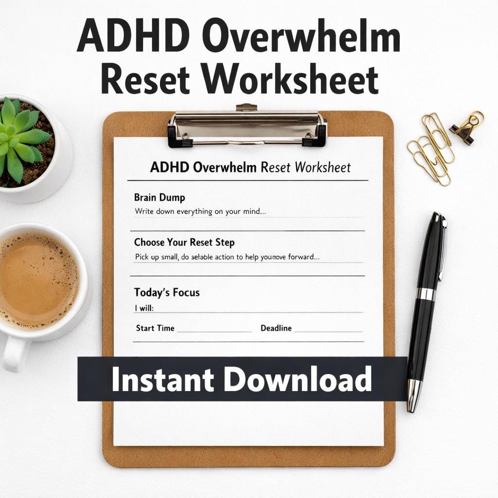 ADHD Overwhelm Reset Worksheet | Printable Daily Focus Tool for Adults ...