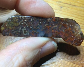 May include: A polished, elongated stone with a natural, organic pattern. The stone features a mix of colours, including deep reds, browns, and hints of yellow and blue. The surface has a textured appearance, showcasing the unique mineral formations.