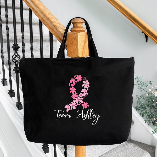 Personalized Cancer Team Bag, Breast Cancer Team Tote Bag, Custom Breast Cancer Support Team Bag, Gift Ribbon Bag, Cancer Name Bag