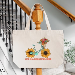 Life is a Beautiful Ride Tote Bag, Bicycle Tote Bag, Rider Gift, Biking Gift, Flower Bike Tote Bag, Cycling Gifts, Bicycle Gift