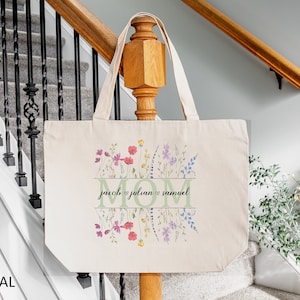 Mama Floral Childs Tote Bag, Mom Tote Bag with Kids Name, Gift for Mother’s Day, Retro Mama Bag, Mom To be Gift, Personalized Mama Bag