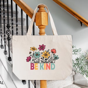 Floral &#39;Be Kind&#39; Cotton Tote Bag - Positive Graphic Zipper Bag