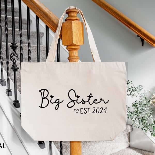 Promoted To Big Sister Gift, Big Sister Est 2024 Tote Bag, Canvas Tote Bag, Big Sister Gift, 25L Large Tote Bag with Zipper and No Zipper