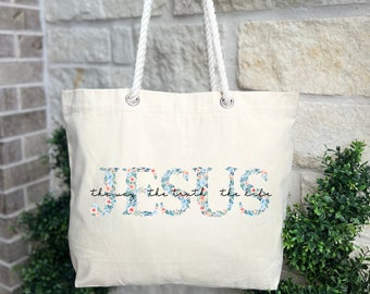 Jesus Floral Tote Bag: Christian Cotton Shoulder Bag