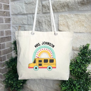 Customized Rainbow Bus Driver Bag, Gift for Women, Canvas Tote Bag, Bus Driver Bag, Personalized Name Bus Driver Gift, School Bags, Custom