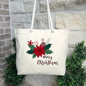 Merry Christmas Tote Bag, Christmas Tote Bags for Women, Flower Merry Christmas Gift, Xmas Family Gift, Women Xmas Tote Bag