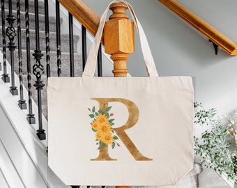 Floral Initial Canvas Tote Bag, Personalized Zipper Bag
